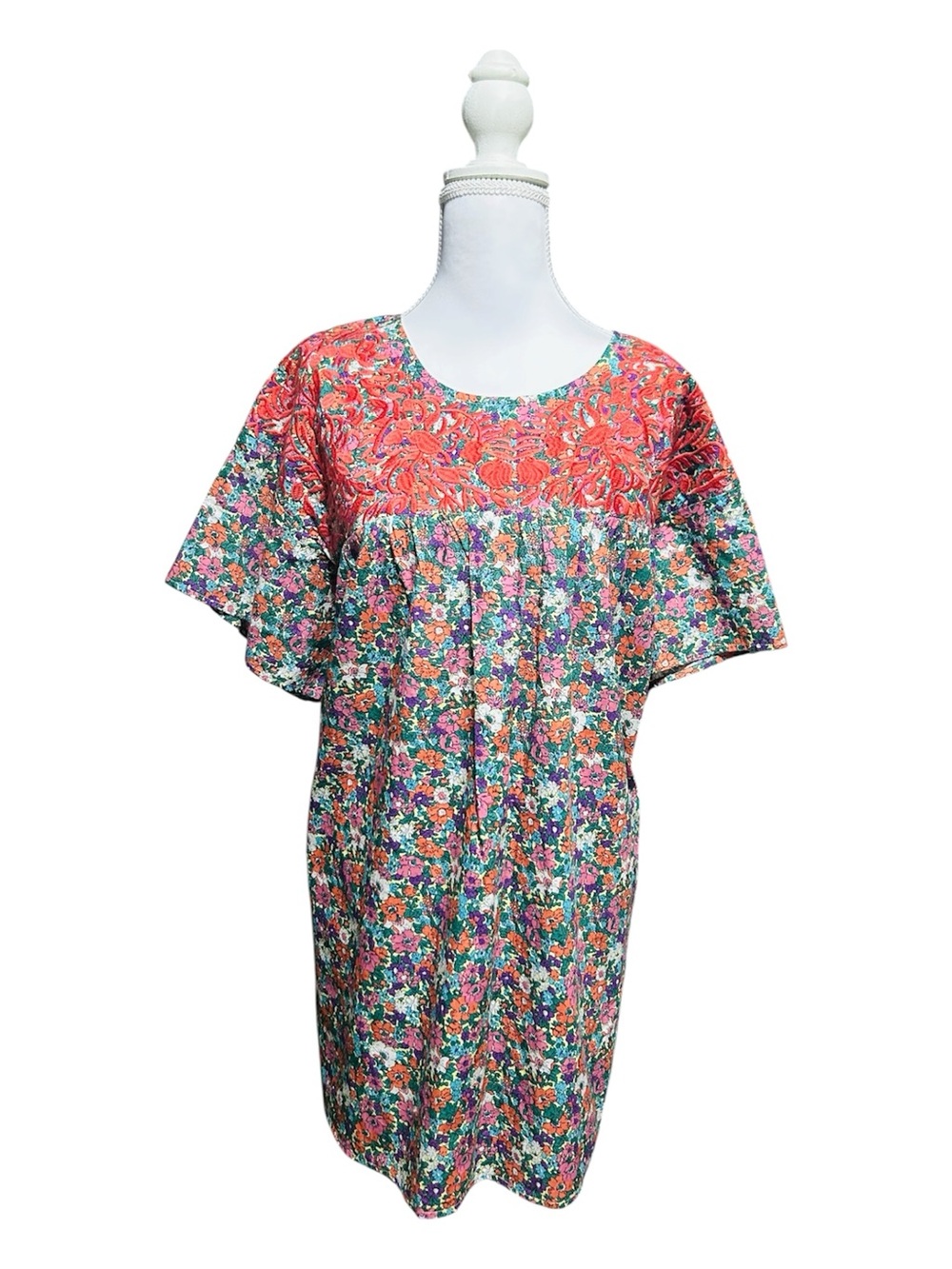 Layerz Clothing Floral Mix Print  Blouse with Coral Yoke 3XL